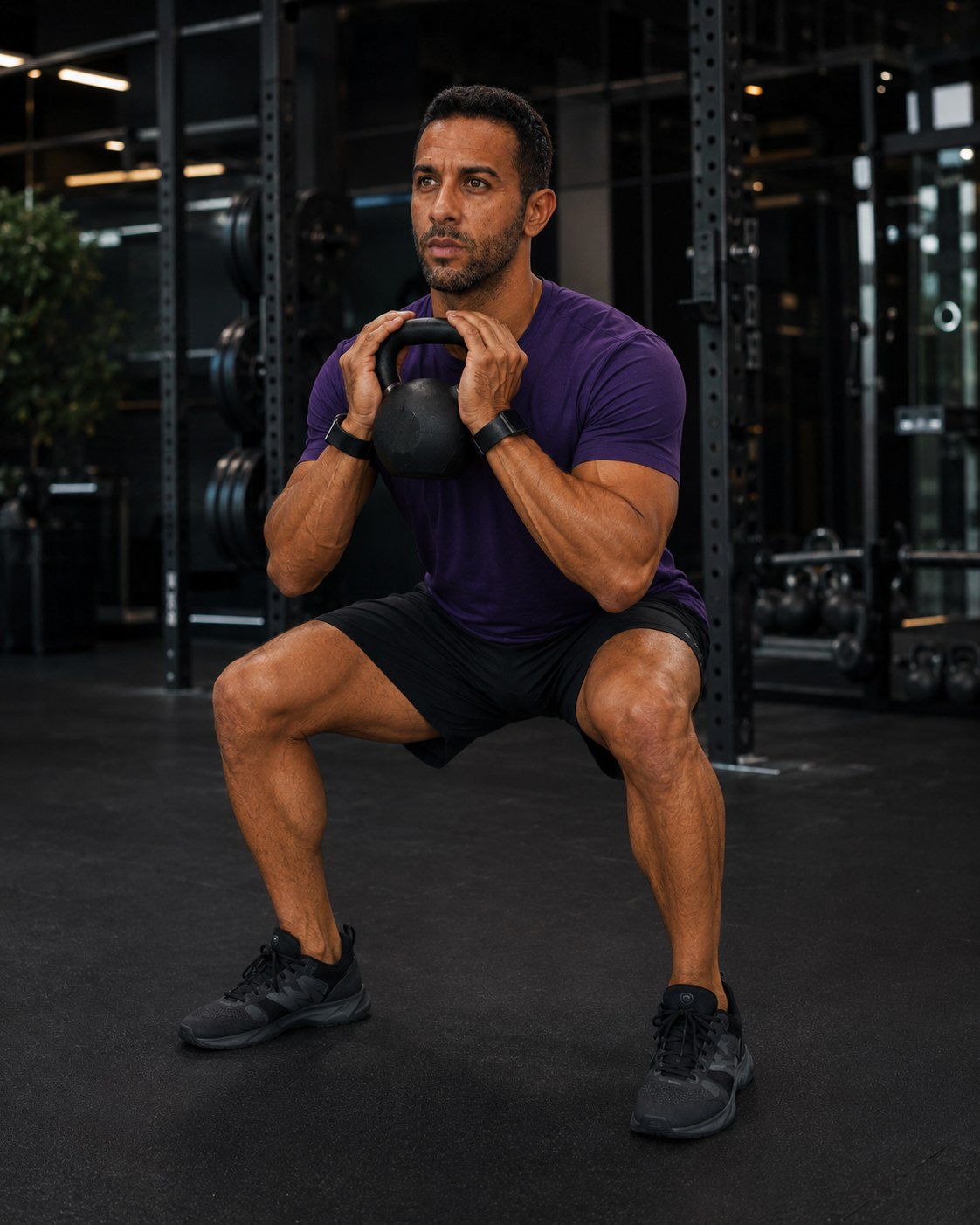 Oriah, founder of Aler Health, mid-set in a gym, holding a kettlebell at his chest at the bottom of a squat.