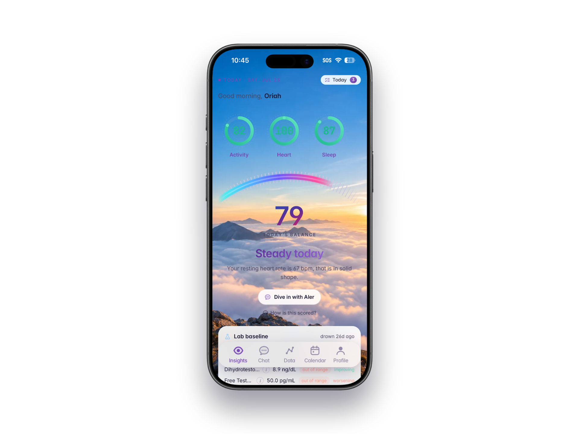 The Aler Insights home, showing today's balance score and system dials.