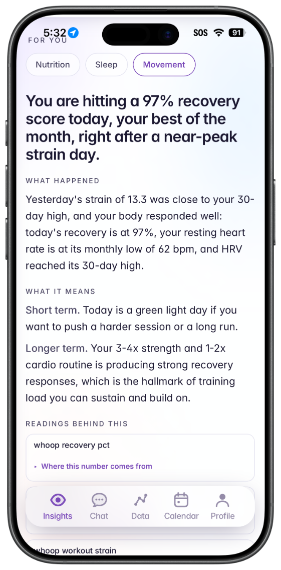 The Aler For You screen showing a recovery insight on a phone.