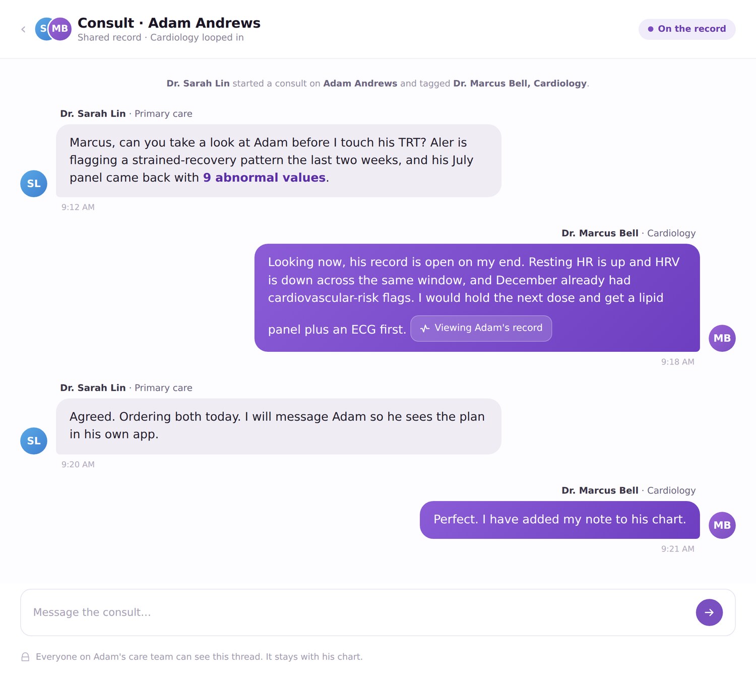 A doctor-to-doctor consult thread on a patient's record: a primary-care clinician loops in cardiology, they review the patient's flagged data together, and the plan stays on the chart.