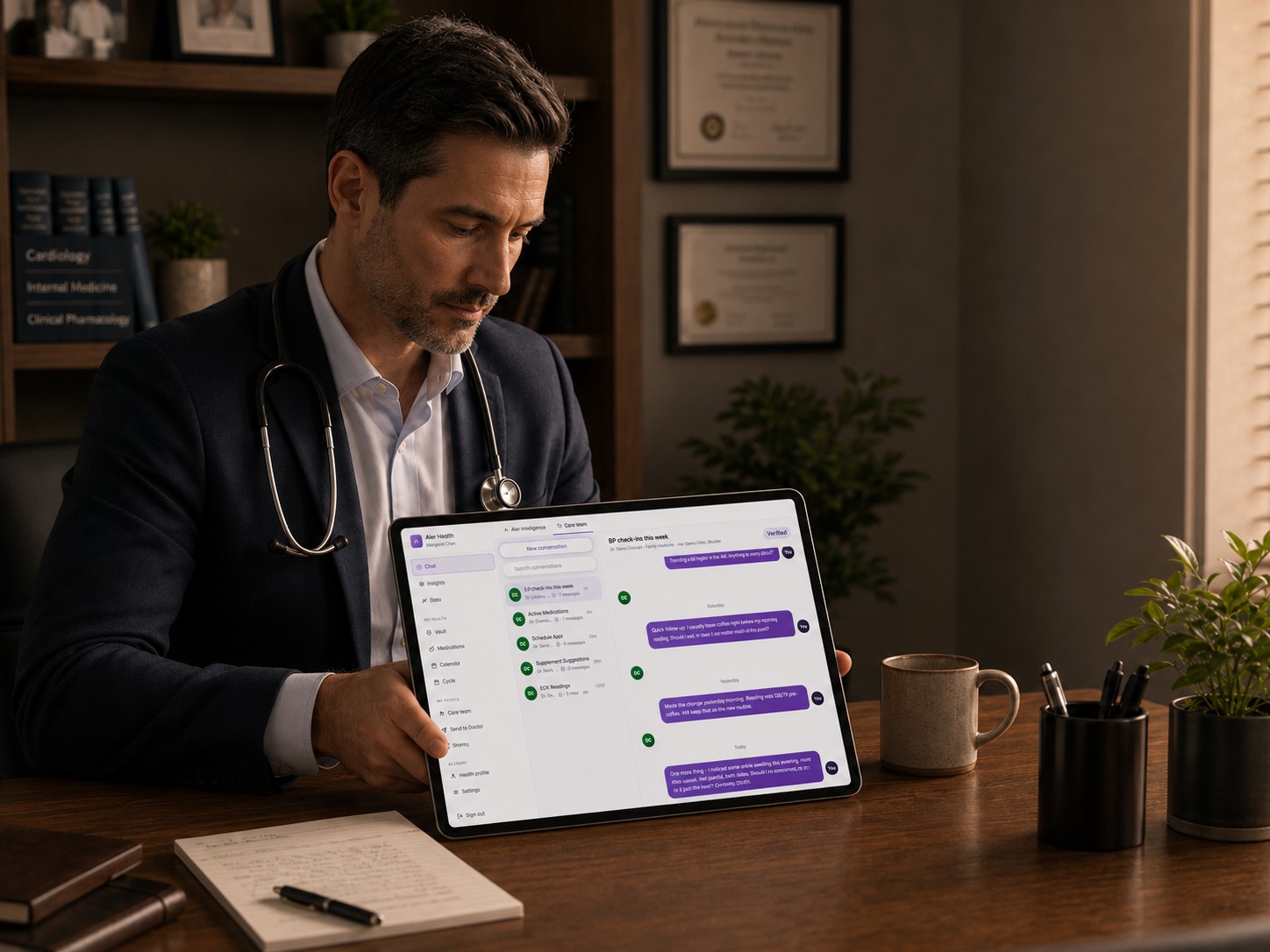 A doctor reviewing a patient summary on a tablet.