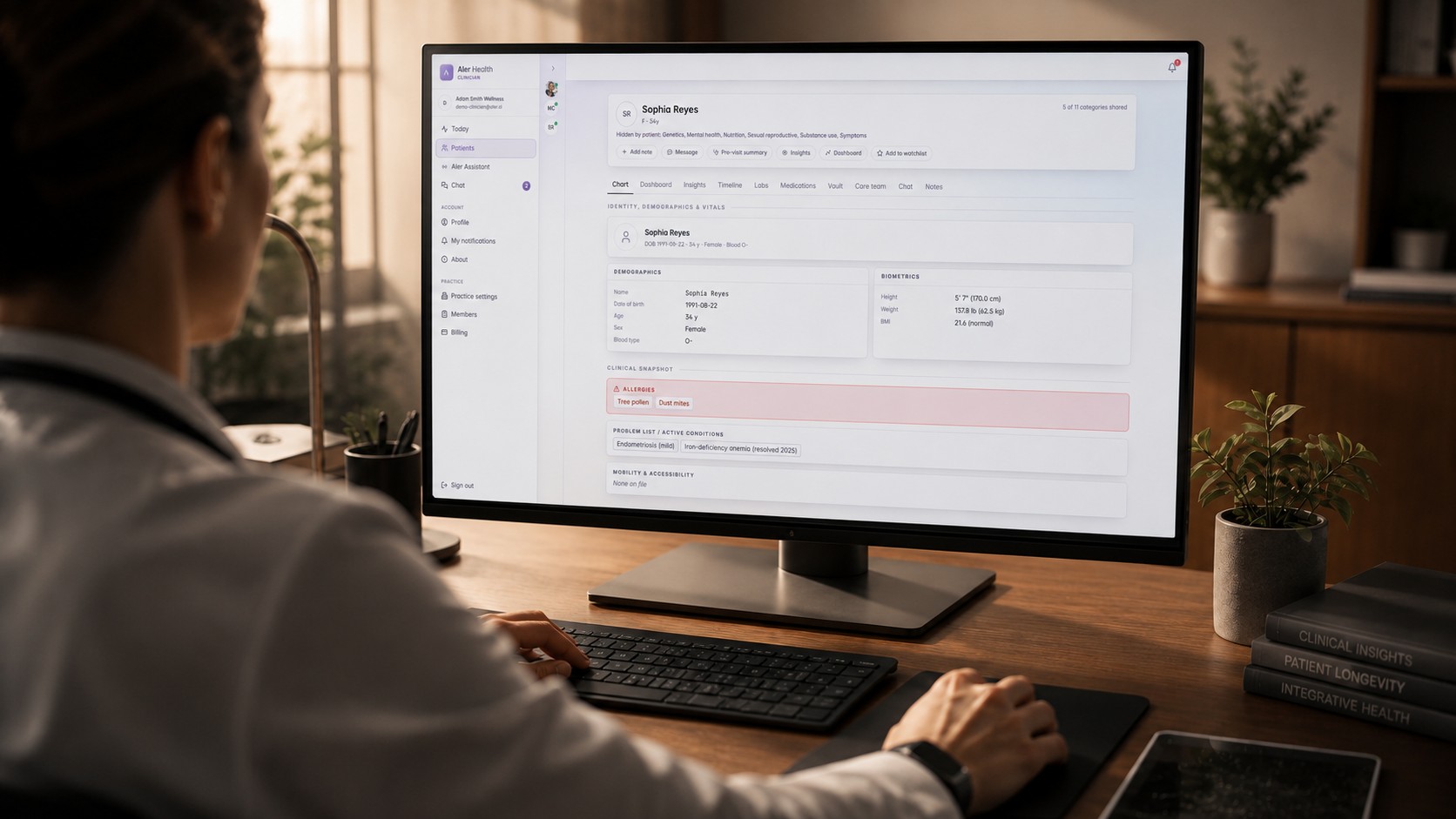 A patient's chart open in the Aler clinician view: demographics, vitals, allergies, and problem list.