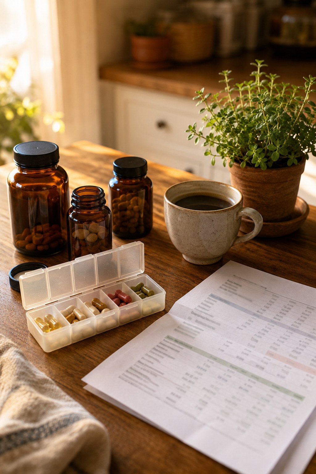 Amber supplement bottles, a weekly pill organizer, and a printed blood-test page on a warm wooden table.