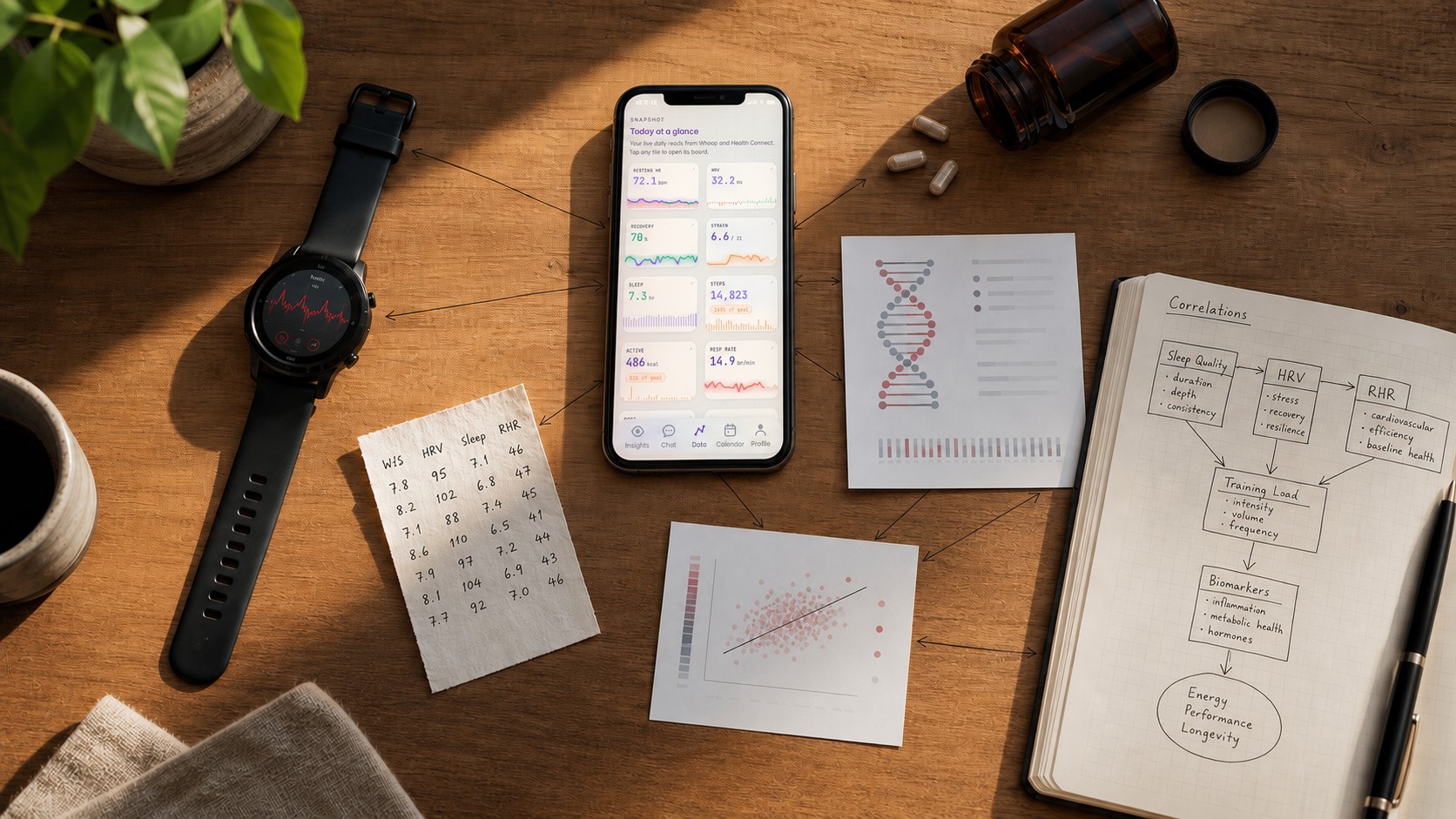 A watch, a phone, supplement bottles, and paper charts laid out together on a desk.