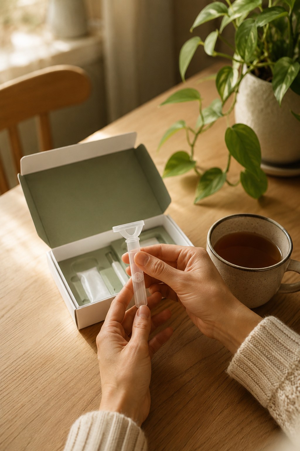 Hands at a wooden table holding a home DNA collection tube beside its open kit box.