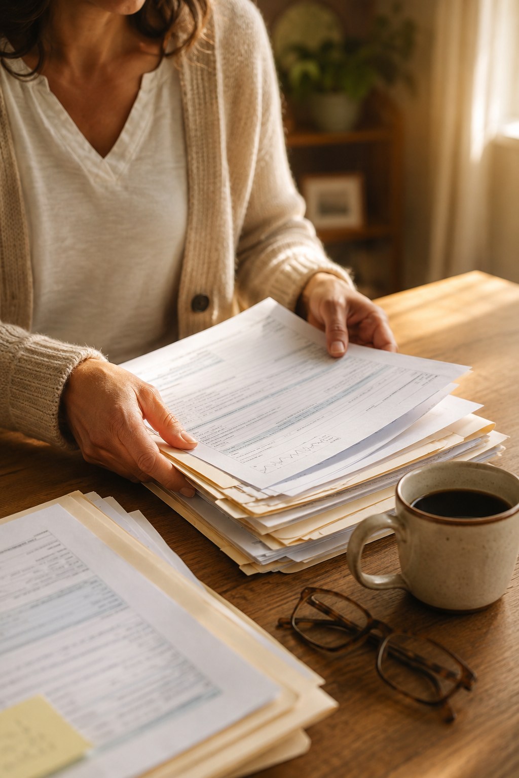 Hands gathering paper medical-record folders and documents into a neat stack, with reading glasses and coffee.