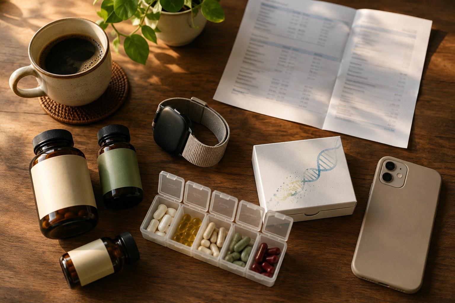 An overhead table with a face-down watch, supplement bottles, a pill organizer, a blood-test page, a DNA test box, and a face-down phone, all arranged together.