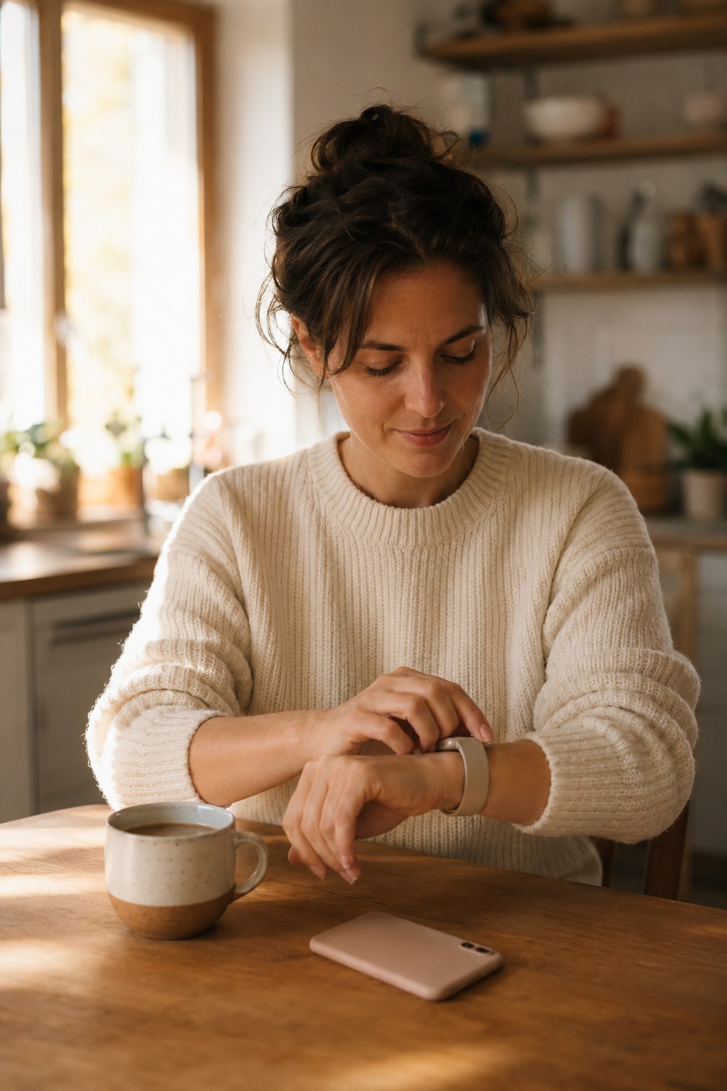 A woman at a kitchen table checking the smartwatch on her wrist, her phone lying face-down beside a cup of coffee.