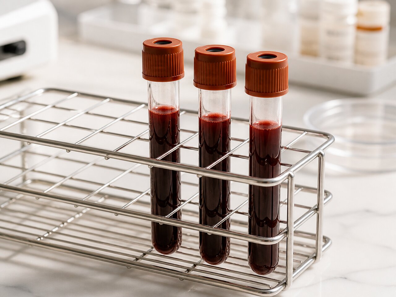 Blood sample tubes in a rack on a laboratory bench.