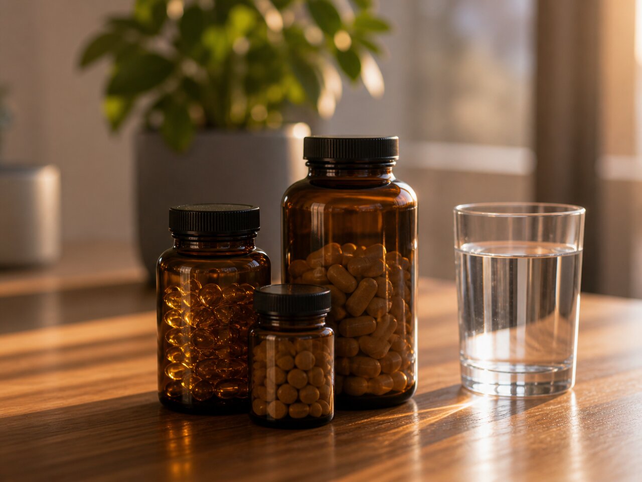 Amber medicine bottles beside a glass of water on a table.