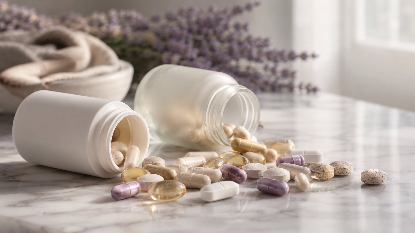 Supplement capsules in several colours spilling from jars onto a pale marble counter.