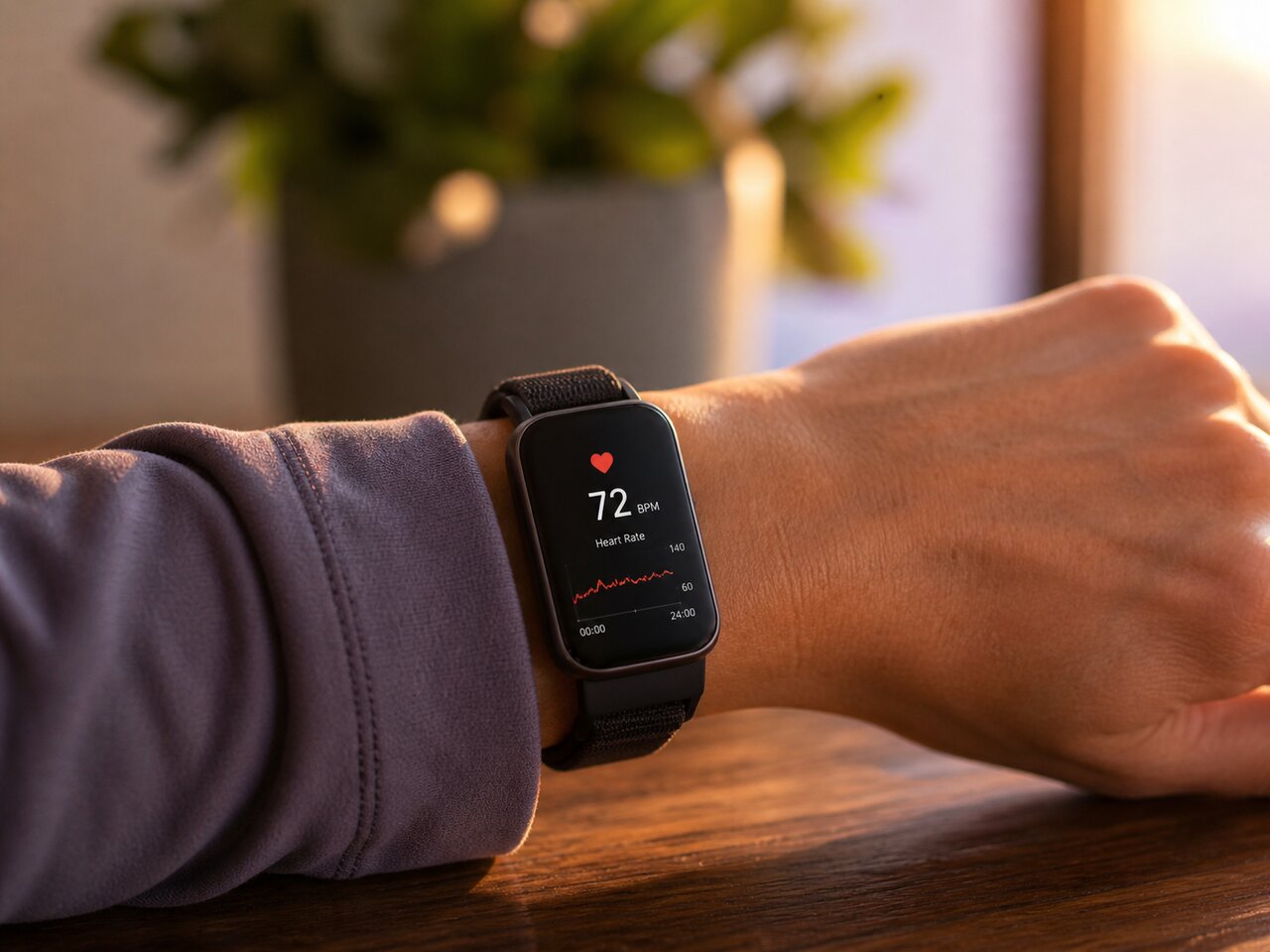 A smartwatch on a wrist showing a heart rate reading.