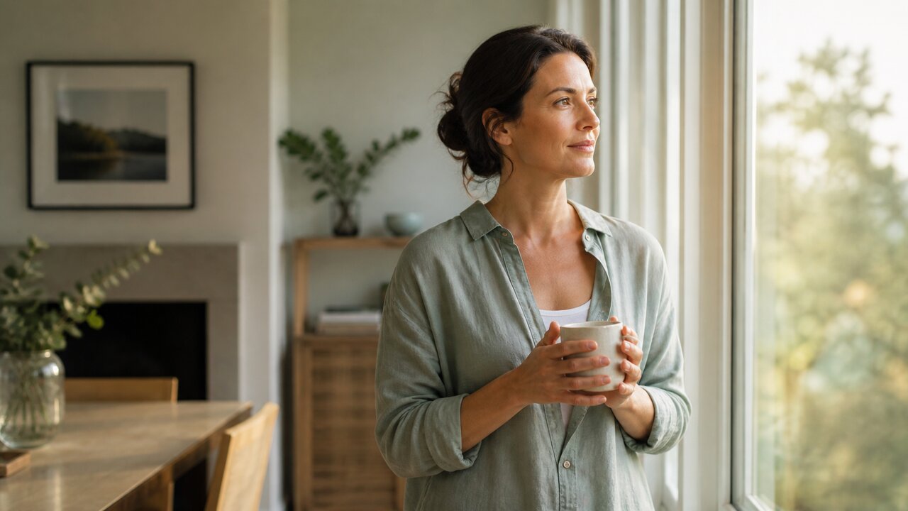 A woman holding a mug, looking out of a window in a quiet room.