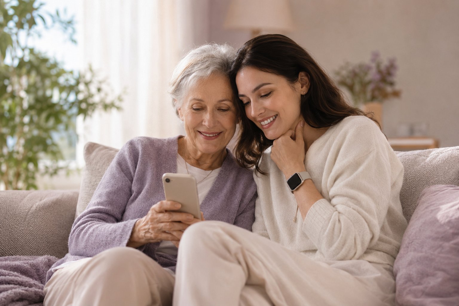 A daughter and her mother looking at a phone together on the sofa.