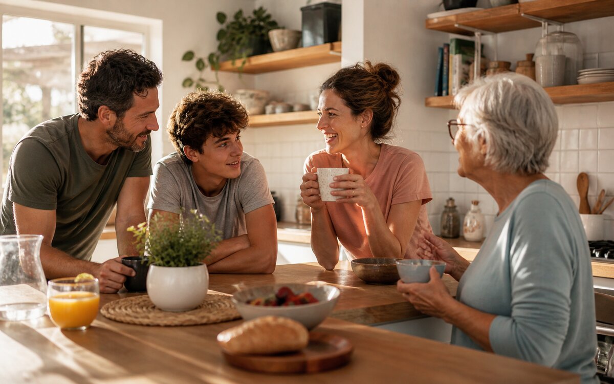 Three generations of a family together at a kitchen counter.