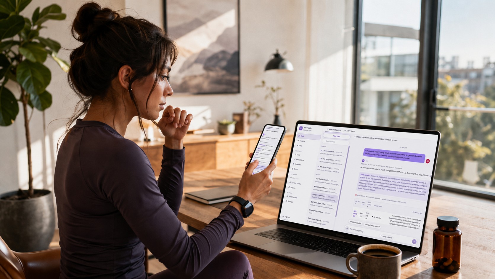 A woman at a desk with her phone in hand and a laptop open.